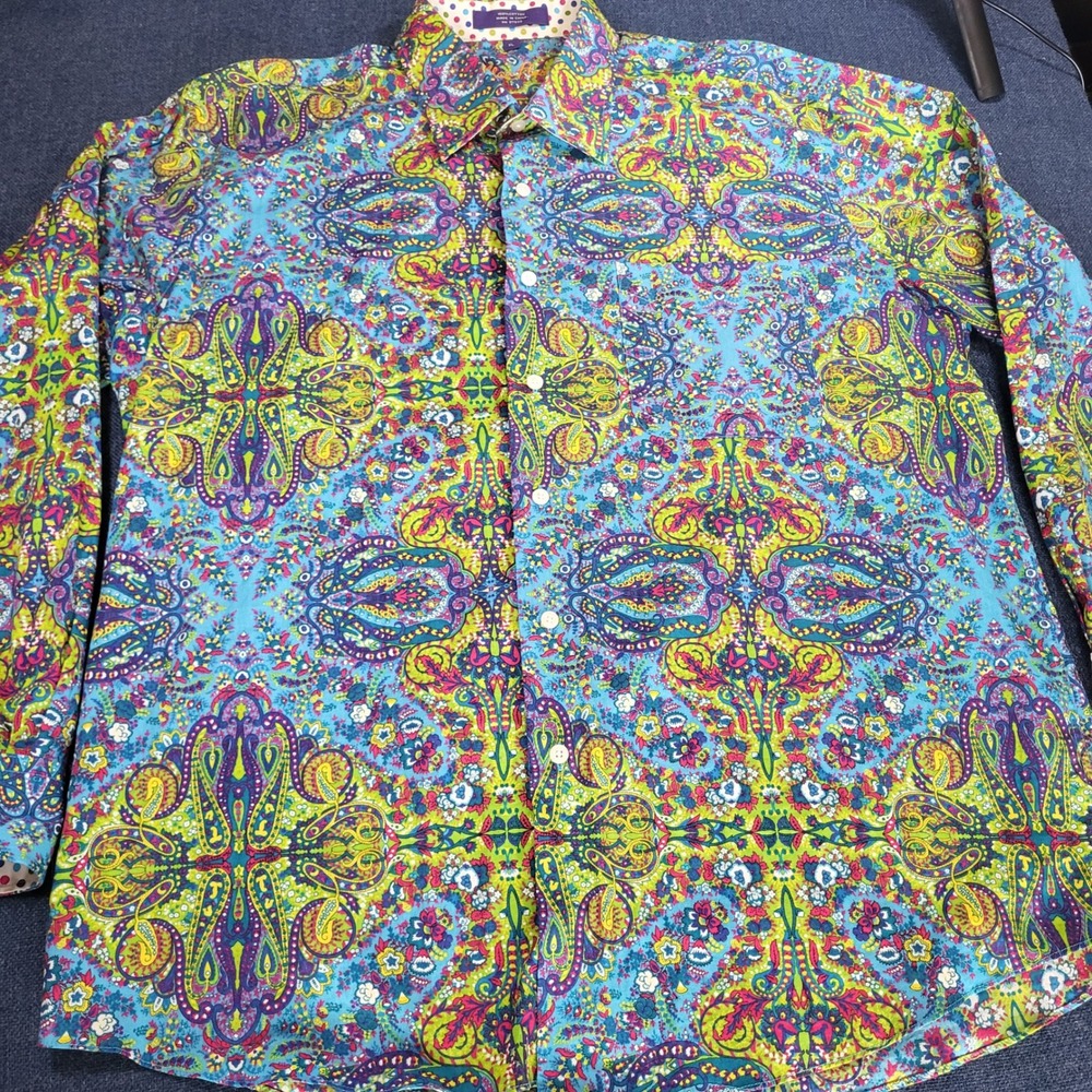 Alan Flasser Men XL Paisley Button Down Shirt Blue Green Pink Cotton Long Sleeve